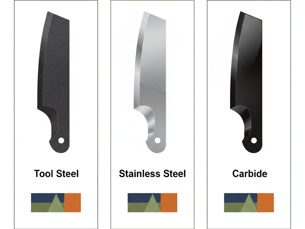Blades made from three different types of steel are on display.