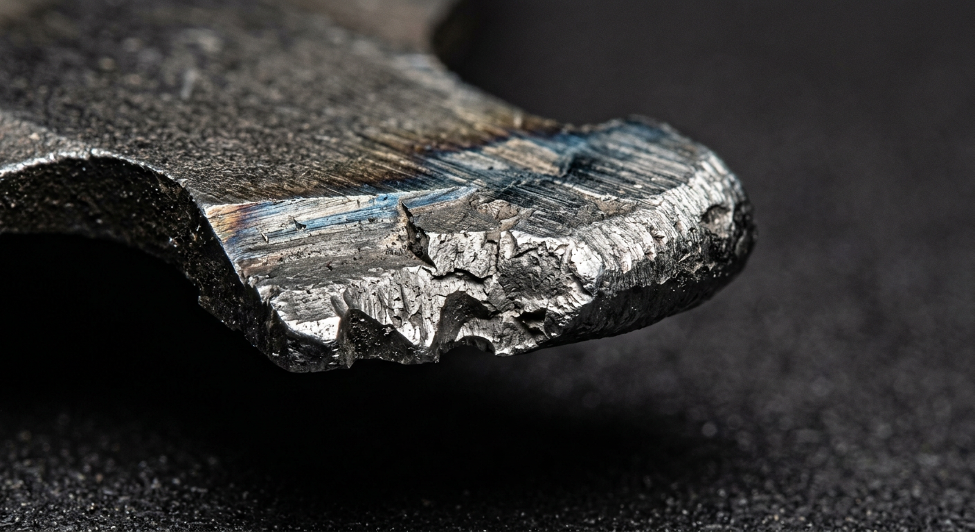 Close-up of industrial blade edge wear patterns including micro-chipping and edge rollover under inspection