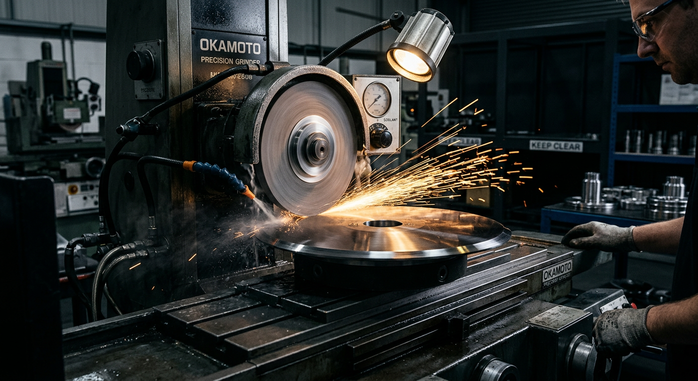 Industrial blade resharpening on a precision surface grinding machine in a manufacturing workshop