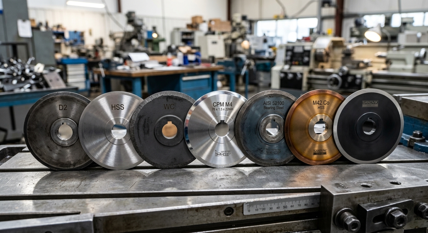 Multiple circular slitting blades of different materials and finishes on a machining table