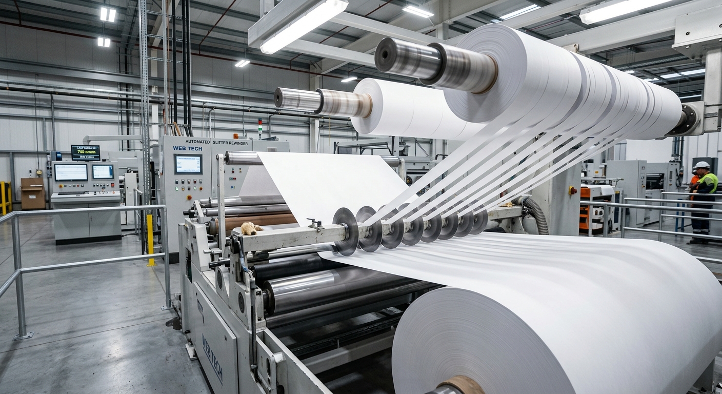High-speed paper slitting line with circular blades cutting wide rolls into narrow strips