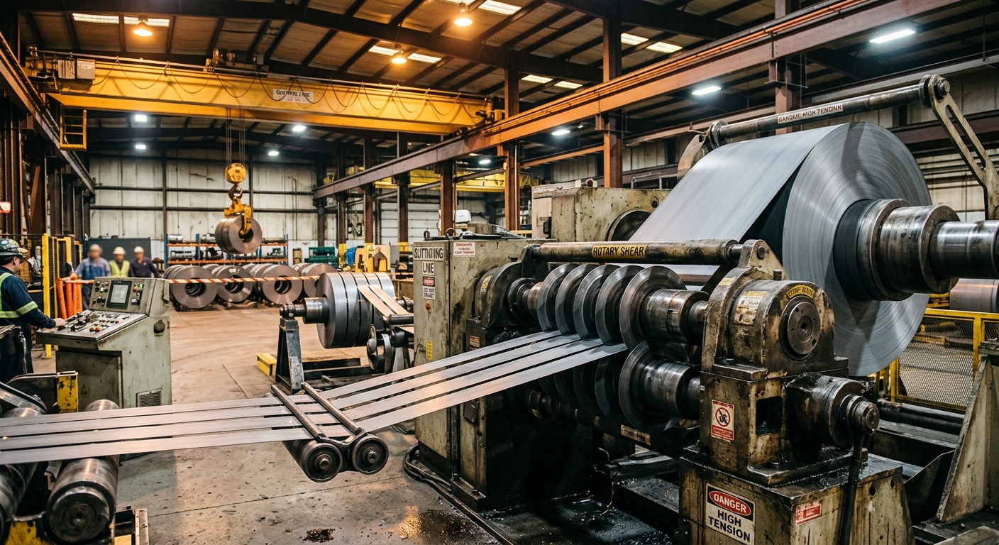 Industrial metal coil slitting line with rotary circular blades cutting steel strip