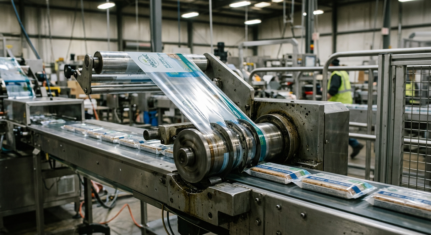 Horizontal flow-wrapper packaging line running snack pouches at high speed