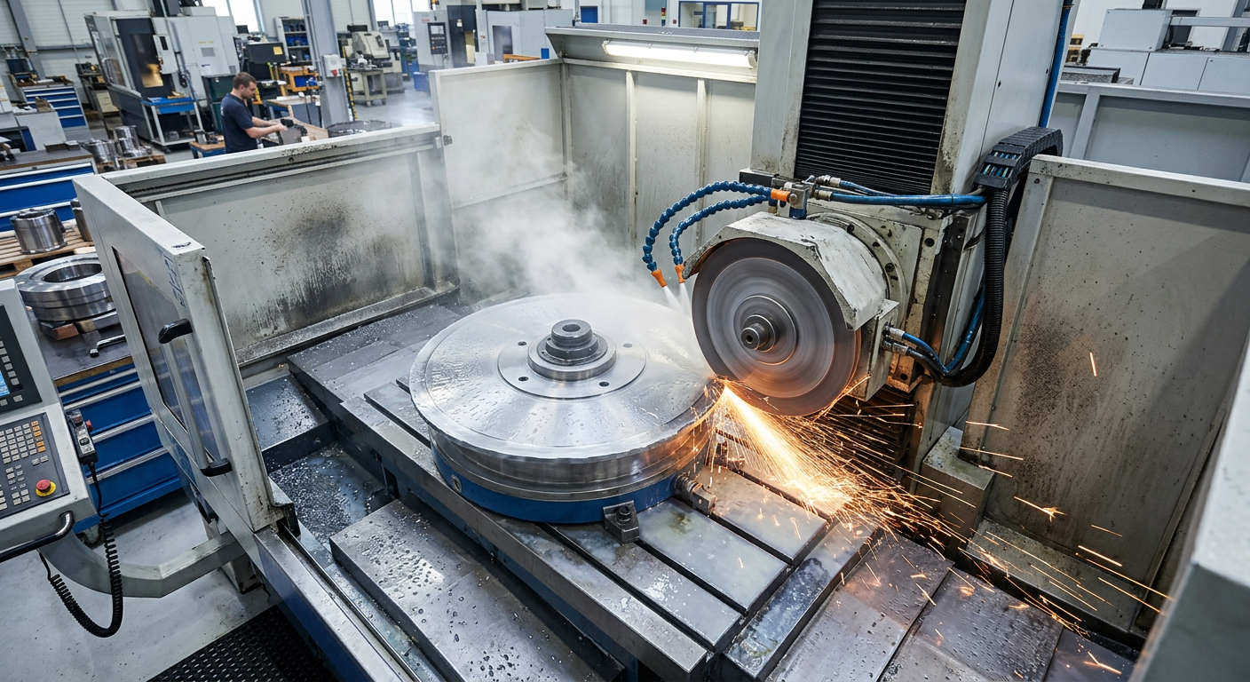 CNC grinding machine finishing an industrial blade edge