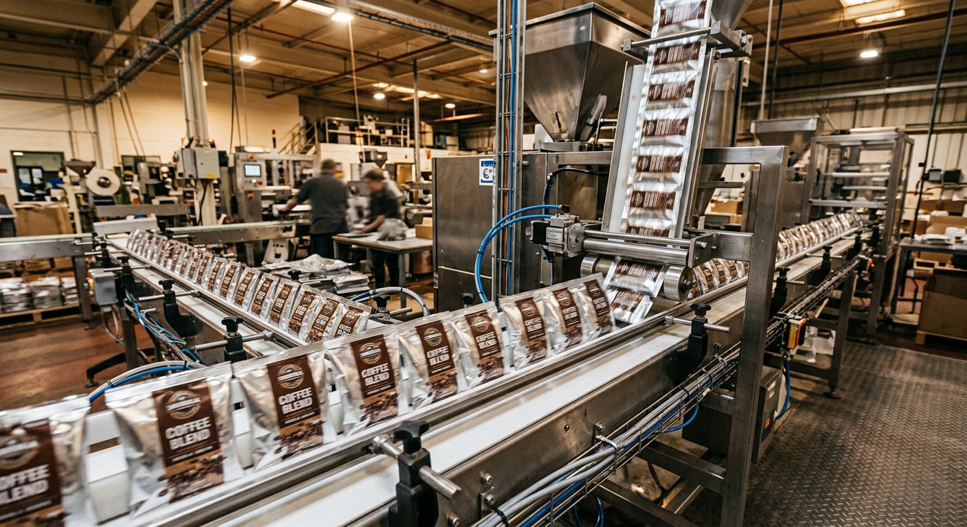 Vertical form-fill-seal line producing coffee sachets