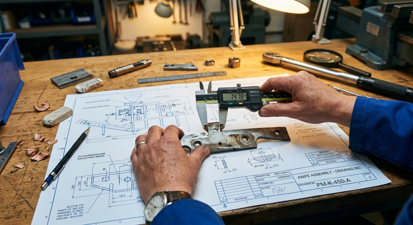 Engineer inspecting a packaging machine knife with calipers and drawings